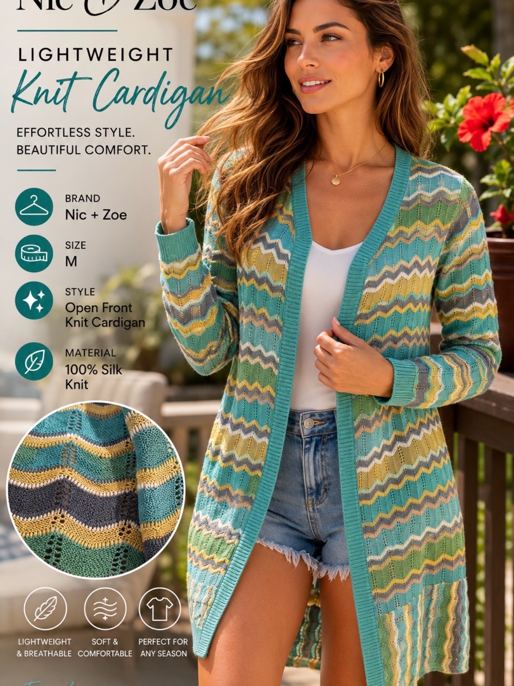 Nic + Zoe Women Cardigan Chevron Lightweight 100% Silk Greens Gray Size M Medium